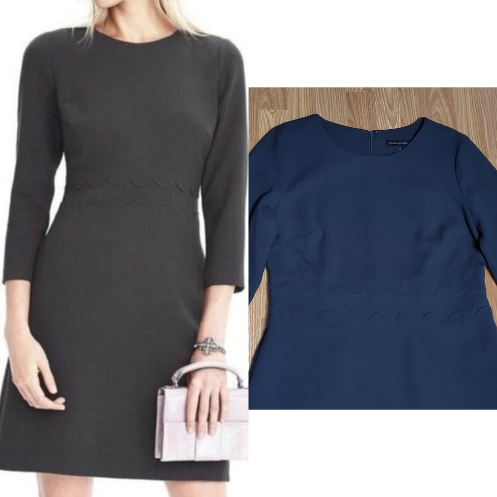 Banana Republic size 14 scalloped waist 3/4 sleeves career sheath dress gray